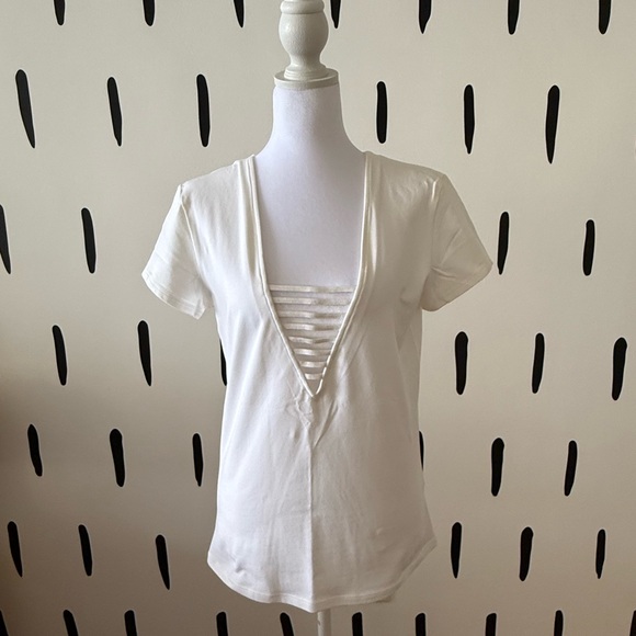 Express Tops - Express White Short-Sleeve Deep V Tee with Ladder Straps